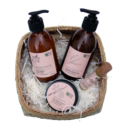 A cut out image of a custom build your own self care gift basket in Ubud. 